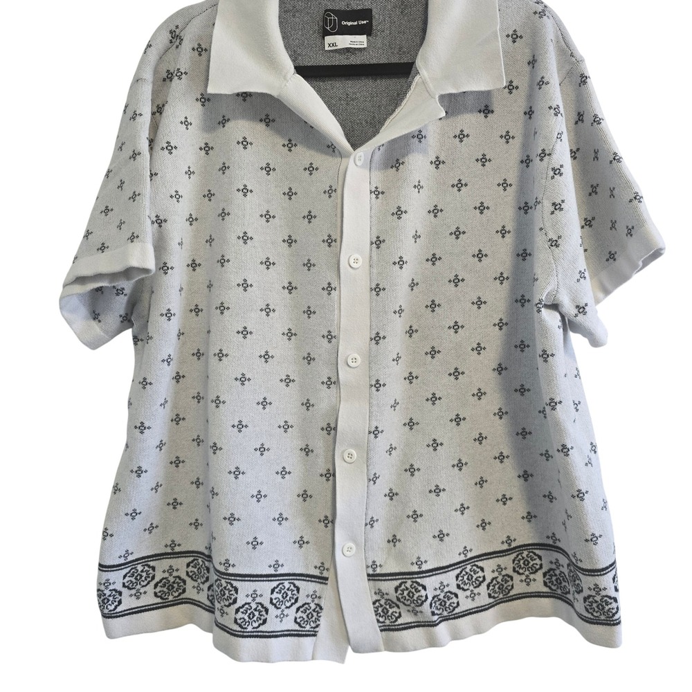 Original Use Mens XXL White Black Geometric Knit Button Down Short Sleeve Shirt